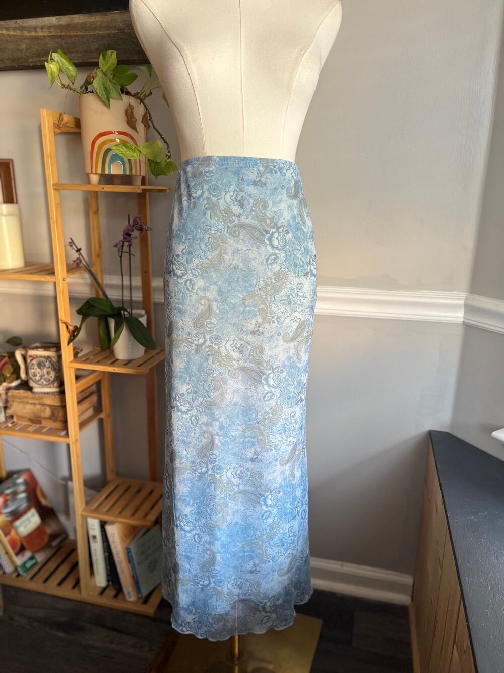 Vintage Y2K Blue Maxi Skirt Floral Paisley Slip Baby Blue Size Medium